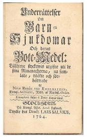 The title page to Nils Rosén von Rosenstein's The Diseases of Children and Their Remedies. The book includes advice for feeding infants, preventing disease in children, and curing some common illnesses. Its publication established Rosenstein as a pioneer in pediatrics. [Eskind Library, Vanderbilt University.]