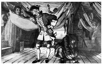 William Stark's self-sacrificing dietary research ended in his death from scurvy, a disease caused by vitamin C deficiency. Had he heeded the recent discoveries of James Lind, pictured here giving lemons to sailors, Stark would have known to include citrus fruits in his experimental diet. [© Bettman/Corbis. Reproduced by permission.]